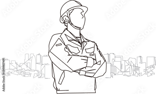 腕組をする建設業の男性作業員の線画イラスト素材