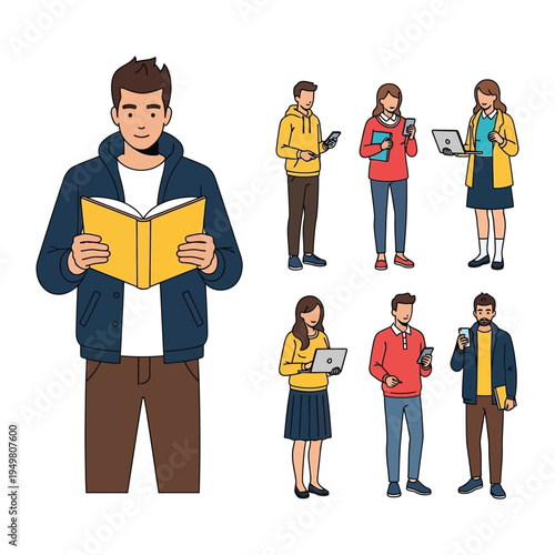 Digital Age Education: A collection of diverse individuals, engrossed in a range of learning tools, highlighting the evolving landscape of education and the integration of digital technology.