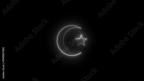 Glowing Crescent Moon and Star Symbol on Black Background Ramadan Islamic Decoration glowing symbol