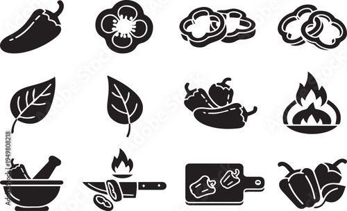 A comprehensive collection of black and white icons illustrating chili peppers and spicy cooking.