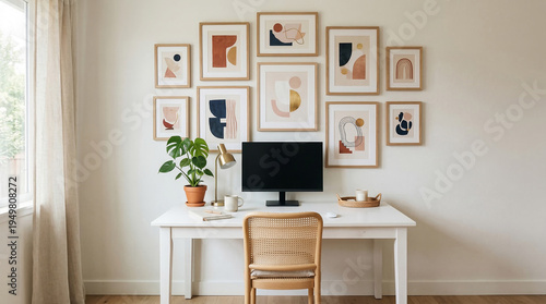 Bright Modern Home Office with White Desk Black Monitor and Gallery Wall of Abstract Art Prints