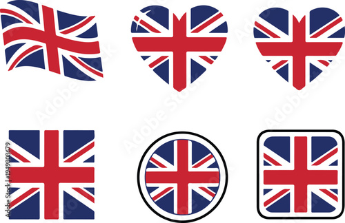 Set of united kingdom flag icons in various shapes and styles