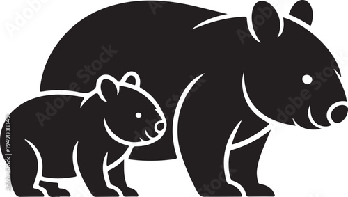 Minimalist Wombat Family Silhouette Icon - Adult and Cub Wildlife Graphic
