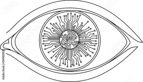 Future technology eye icon, human iris with circuit board illustration, "Created with AI assistance and manually refined."