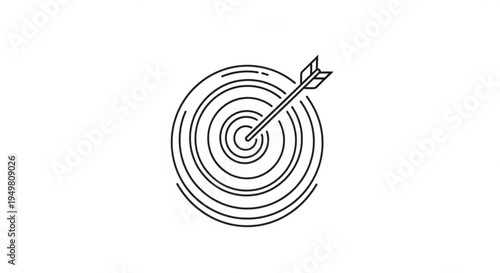 Abstract linear illustration of an arrow striking the bullseye of a circular target, representing focus, accuracy, and successful objective attainment in strategic planning and goal-setting