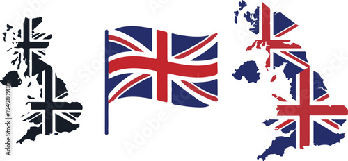 The united kingdom flag is shown in various creative designs and formats.