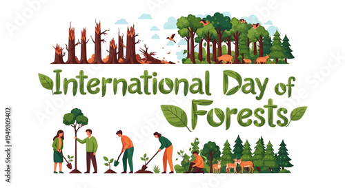 Illustration of people planting trees and protecting a forest ecosystem on International Day of Forests with a colorful design and environmental awareness theme.
