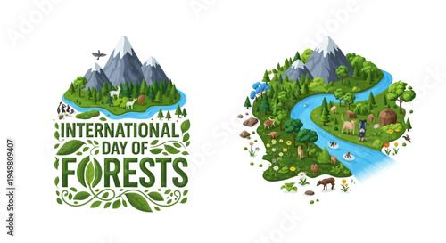 Illustrations for International Day of Forests with a vector design promoting forest conservation and ecosystem protection with a green landscape.