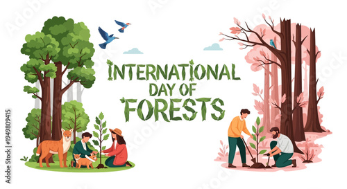 Illustration of people engaging in forest conservation activities on International Day of Forests with a colorful, flat design conveying environmental protection awareness.