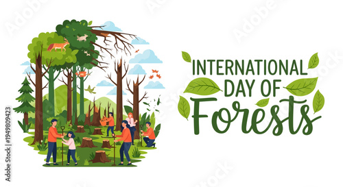 Illustration of people protecting a forest ecosystem on International Day of Forests with a focus on environmental forest protection and biodiversity in forests.