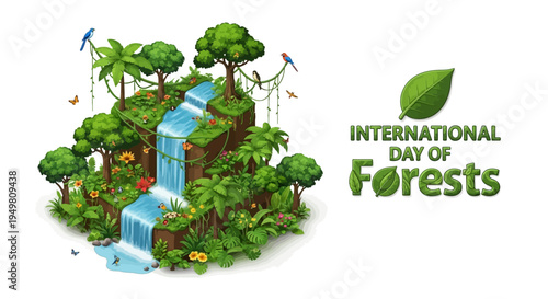 Illustration of a lush forest ecosystem with a waterfall, trees, and wildlife, promoting forest conservation on International Day of Forests.