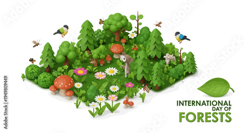 Illustration of a vibrant forest ecosystem with diverse flora and fauna celebrating World Forest Day for environmental protection awareness.