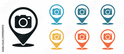 Camera photo map marker icons with photography location pin symbols for travel navigation and tourist attraction finder interface isolated vector illustration