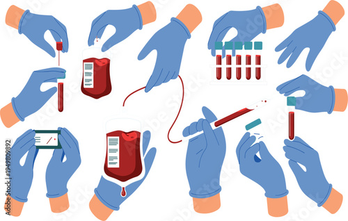Medical hands in gloves holding blood samples and bags, healthcare vector illustration for donation
