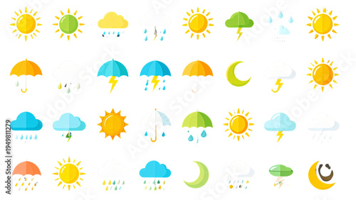 Colorful Weather Icons Set Representing Sun Clouds Rain Lightning Snow Storm Fog Tornado and Moon for Meteorological Forecast and Climate Climate Design