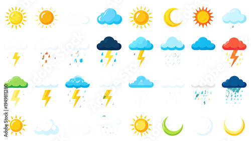 Colorful Weather Icons Set Representing Sun Clouds Rain Lightning Snow Storm Fog Tornado and Moon for Meteorological Forecast and Climate Climate Design