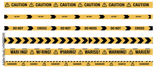 Caution tape yellow warning ribbons isolated on white background for police accident under construction danger barrier concept in vector illustration for safety signage and hazard alert design