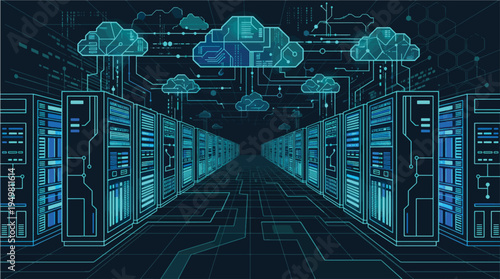 Futuristic digital cloud computing data center server room vector illustration with glowing blue circuit lines and network connections, ideal for technology, cybersecurity