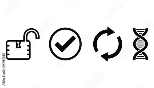 Four black outline icons depicting a lock checkmark arrows and dna strand
