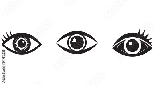 Black and white illustrations of human eyes with different iris and pupil designs  isolated on transparent background