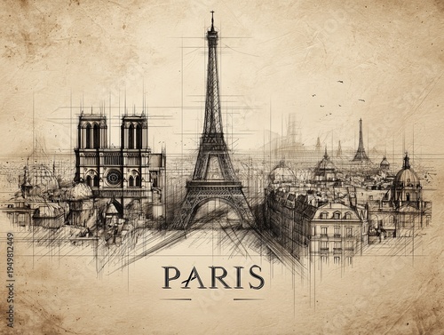 A detailed sketch on vintage paper captures the Paris skyline with the Eiffel Tower and Notre Dame Cathedral. The word PARIS appears in bold capital letters at the bottom center.