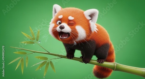 Adorable Plush Red Panda Toy Sitting on Bamboo Branch in Playful Mood