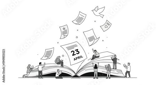 Vector illustration of people working around an open book with calendar page and flying papers