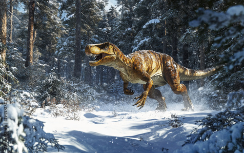 Two massive Yutyrannus engage in a fierce, ritualized confrontation within a snow-blanketed glade, their powerful frames and razor-sharp talons clashing as they assert their dominance over frozen