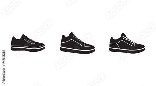 Collection of three black sneakers with white soles and laces  side view  isolated on white background