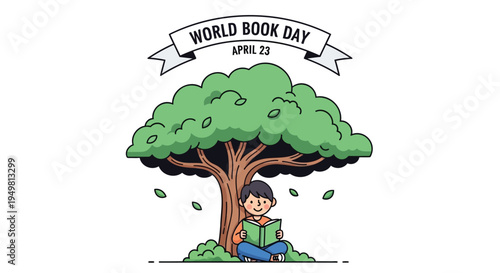 Vector illustration of child reading under tree on World Book Day