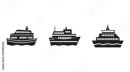 Blacksilhouetteofthreecruiseshipsorferriesindifferentstylesandshapes  isolated on white background