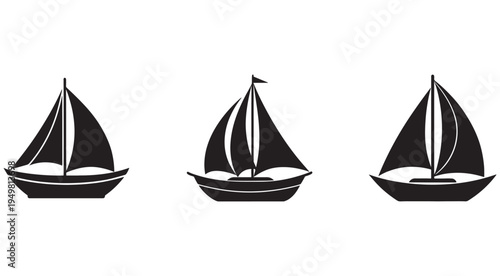 Set of black sailboats with different sail positions on white background  simple silhouettes