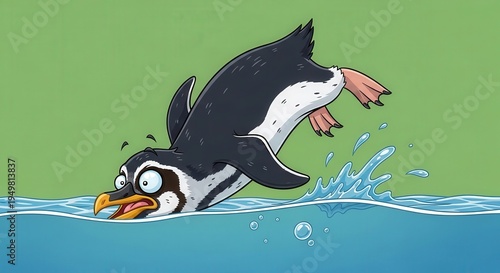 Adorable Poolside Penguin Illustration Showing Playful Swimming Pose