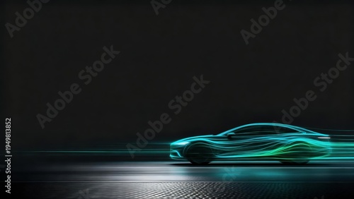 Futuristic car silhouette with glowing blue light trails on a dark reflective surface