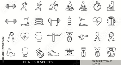 Fitness & Sports Line Icon Set – Gym, Workout, Running Outline Vector Pack. Editable stroke.