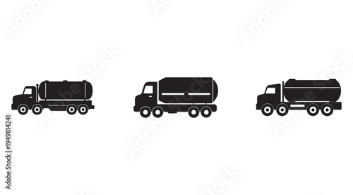Silhouette of three tanker trucks with different designs on white background  industrial vehicles for transporting liquids