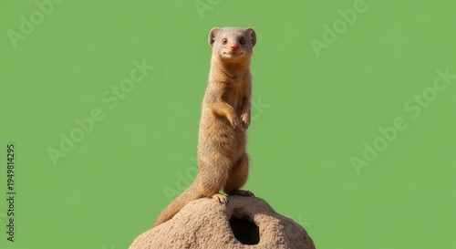 Adorable Prairie Dog Standing Tall on Rocky Outcrop Against Bright Green Background