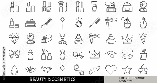 black and white beauty cosmetics icon set, lipstick makeup, nail polish, skincare cream, beauty salon icons, outline vector icons, isolated on white background, simple line style, 30 icons pack