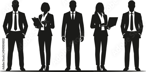 Business people silhouette set, professional corporate team icons, office workers collection with laptop and clipboard, successful career group vector symbols for design