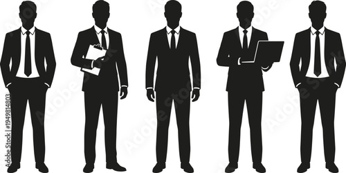 Businessman silhouette set, professional male corporate team icons, office workers collection with laptop and clipboard, successful career group vector symbols for design