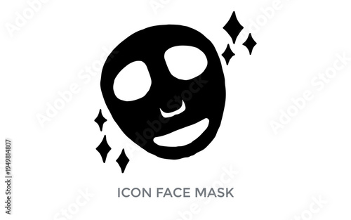 A black icon representing a face mask with sparkling stars around it.