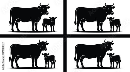 Black silhouettes of mother cow and baby calf standing together on farm land isolated on white background for dairy agriculture livestock design set