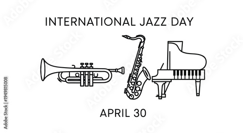 Vector illustration of trumpet, saxophone and piano for International Jazz Day