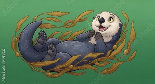 Adorable Sea Otter Swimming Playfully with Seaweed Around in Natural Habitat