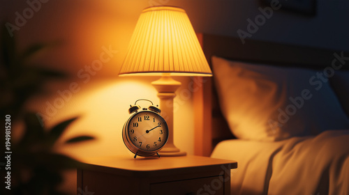 Alarm clock and lamp on bedside table warm night interior
