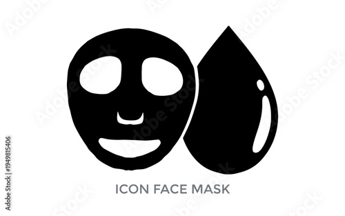 Black silhouette icon of a face mask next to a liquid drop on a white background.