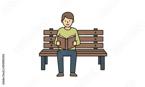 A tranquil illustration depicting a cheerful man deeply absorbed in a captivating book, finding peaceful relaxation while comfortably seated on a classic wooden park bench