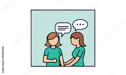 Vector illustration depicting two women having a friendly conversation, with speech bubbles clearly symbolizing dialogue, communication, and mutual understanding. Ideal for social interaction