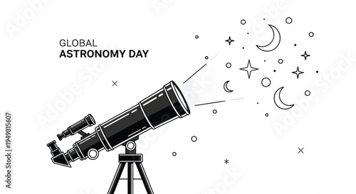 Vector illustration of telescope with astronomy symbols for Global Astronomy Day