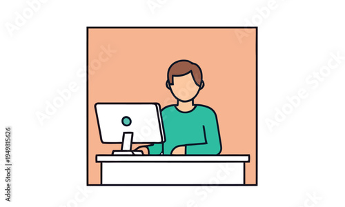 Minimalist illustration of a person engaged in professional office work, diligently using a computer at a desk, symbolizing productivity and modern workplace tasks